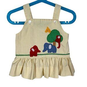Vintage Baby Girls Pinafore Dress 12M Zoo Animals Elephant Giraffe Cottagecore